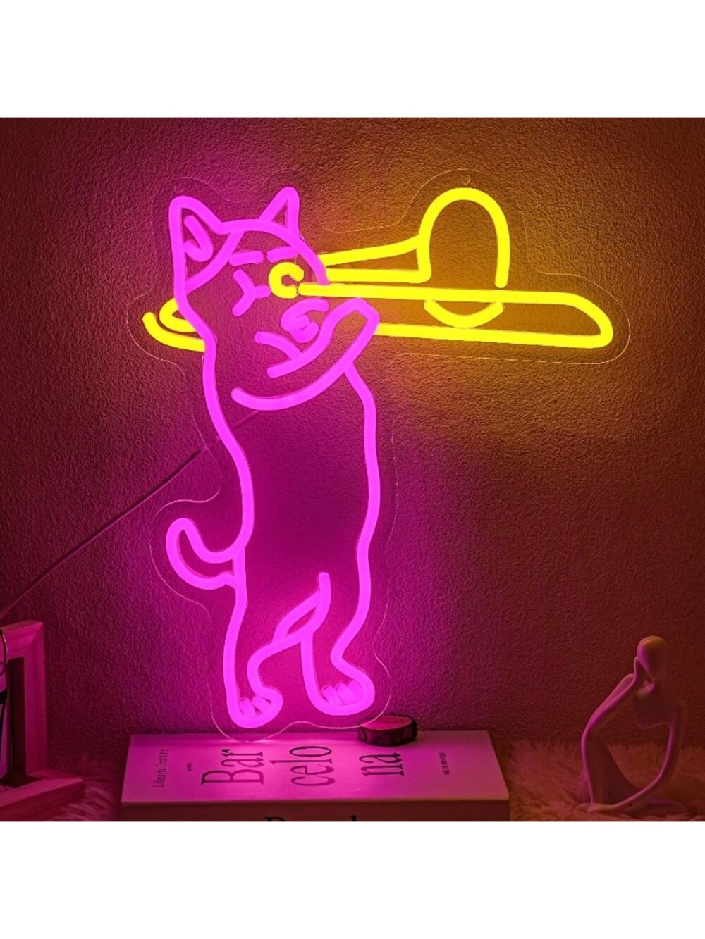 Cat Playing Trombone Neon Sign USB Powered LED Light Live Music Pet Shop Theme